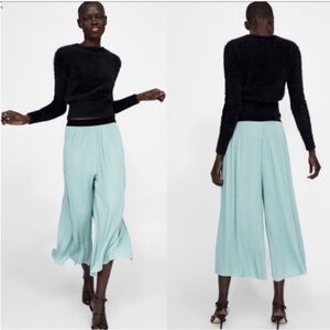 Zara Highrise Mint Green Ribbed Flows Wide-Leg Cropped Bohemian Pants Size Small